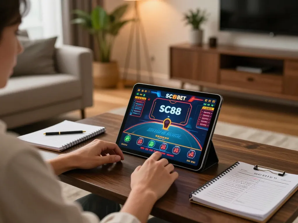 Engaging player enjoying SC88 BET on tablet during a cozy home gaming session with strategy notes.