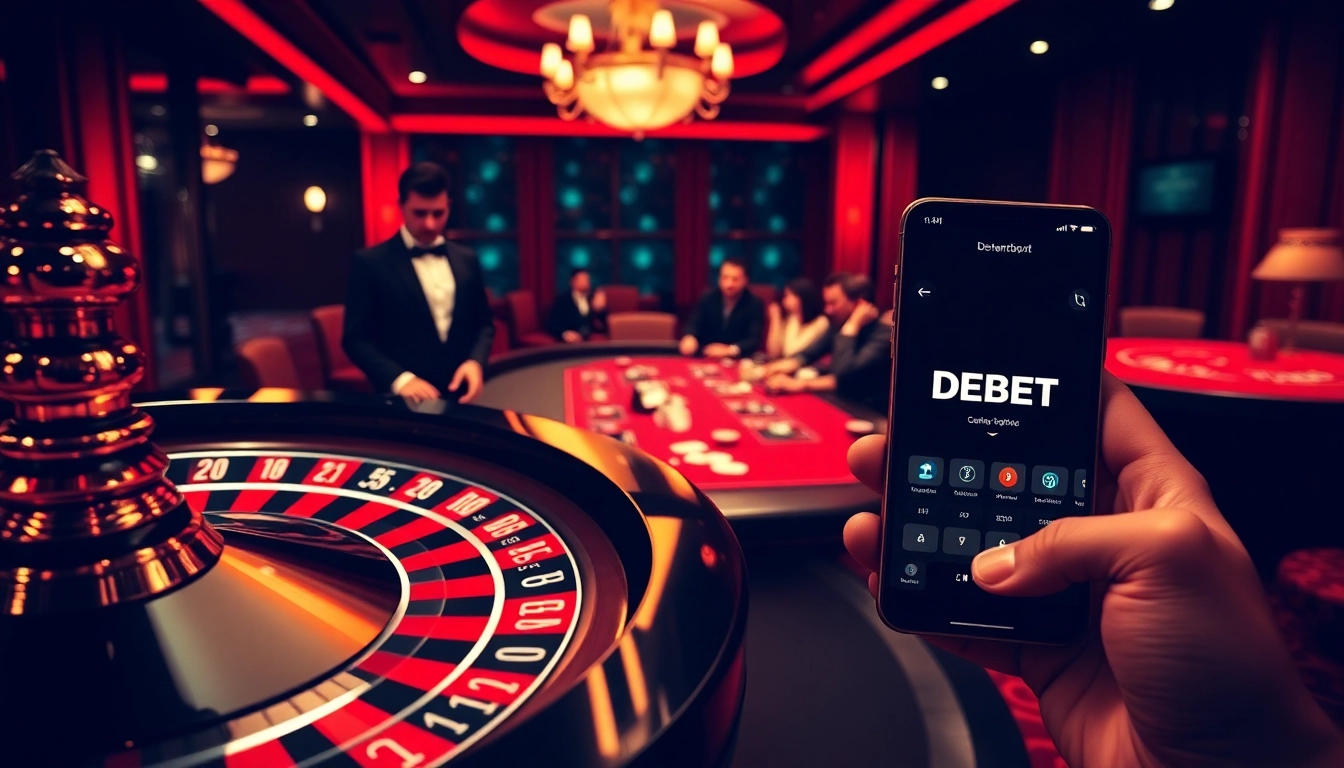 Experience the thrill of DEBET gaming at a luxury casino with players around a poker table.