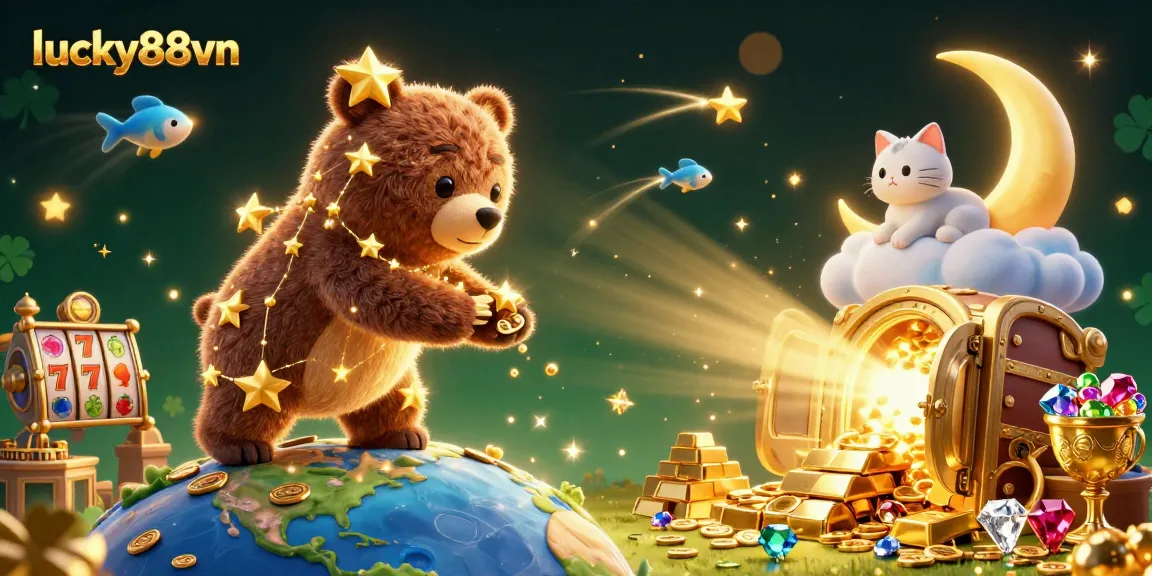 Engage with lucky88vn's vivid 3D illustration showcasing a constellation bear and treasures, urging players to experience thrilling gaming.
