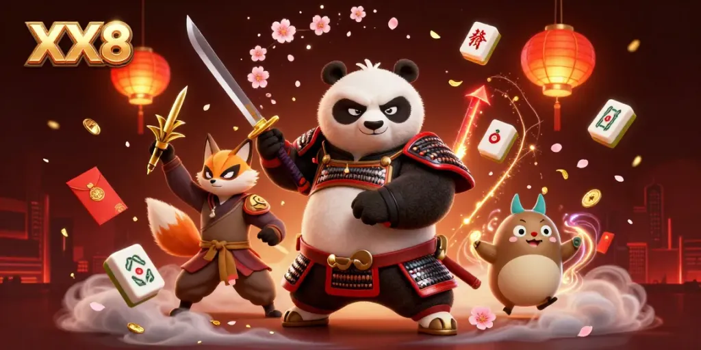 Experience the vibrant world of XX8 casino gaming with this dynamic 3D illustration showcasing samurai and mystical characters.