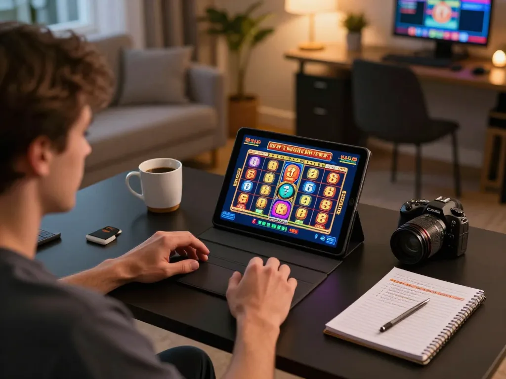 Sky88 player strategizing while enjoying online slots in a cozy home office.