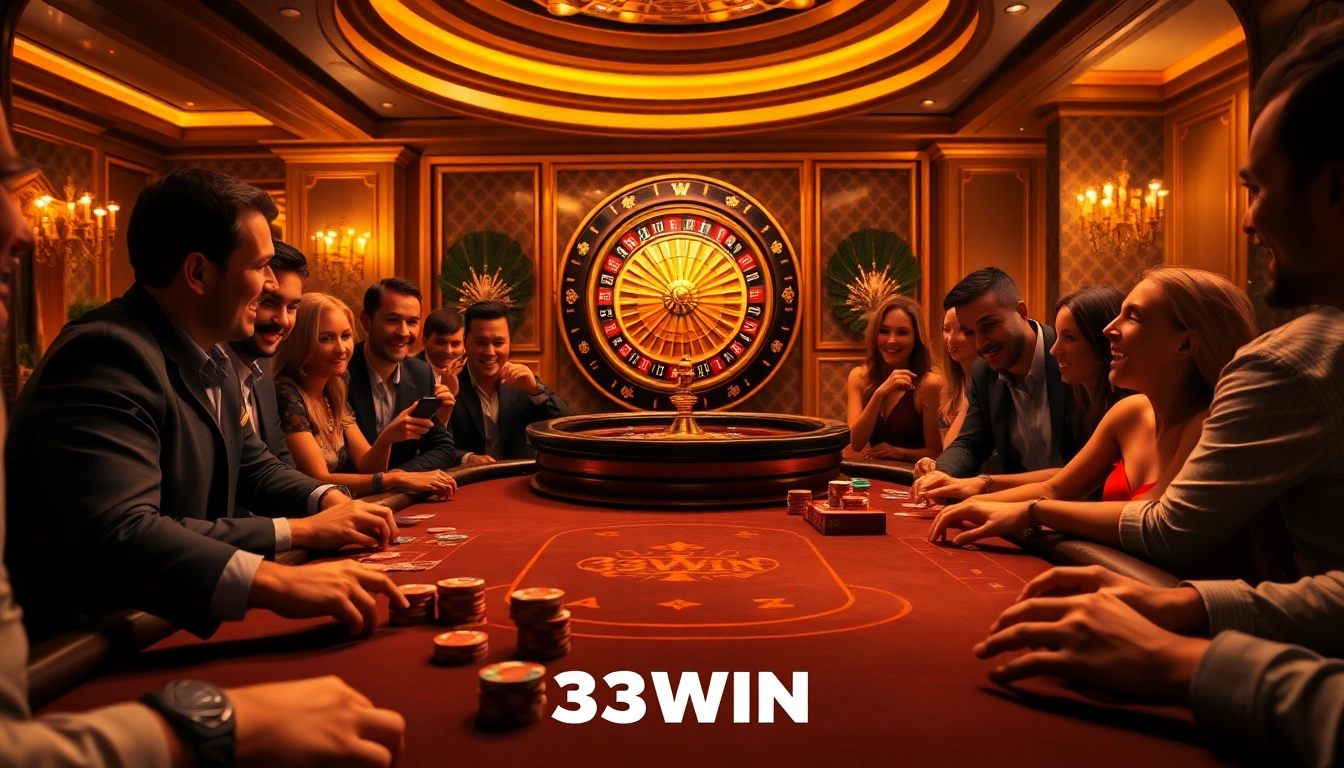 33WIN players strategizing bets around an elegant poker table in a luxurious casino setting.