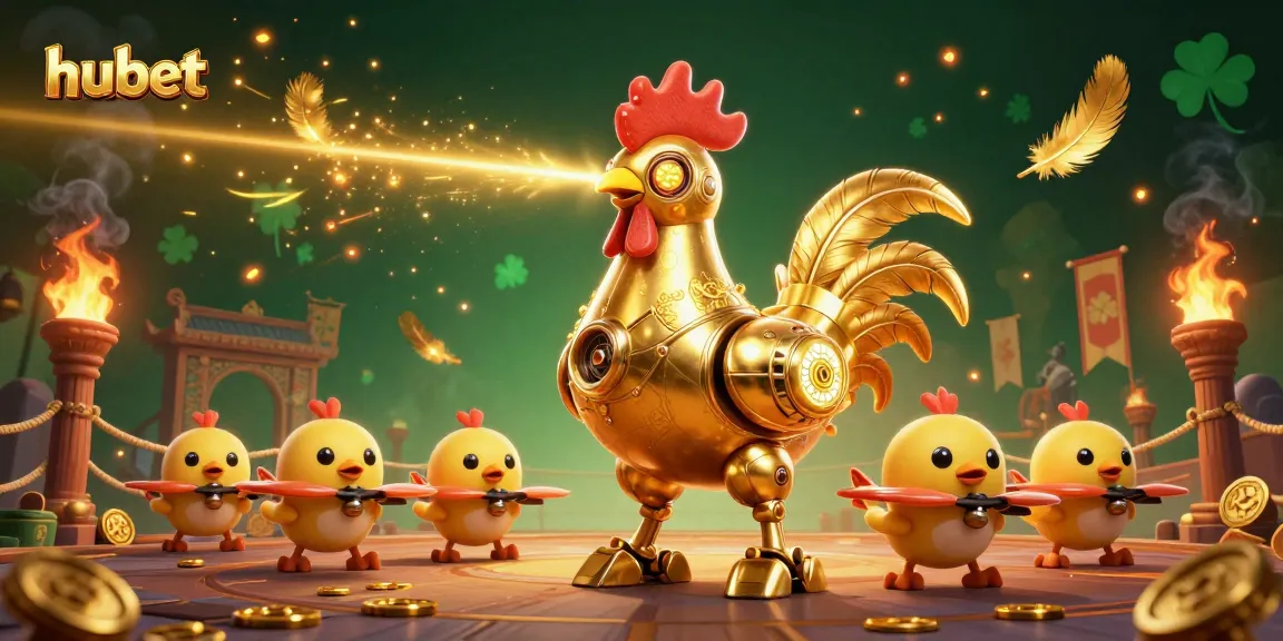 Experience thrilling gaming with Hubet's exciting illustration of a golden rooster and baby chick drones.