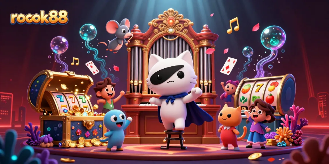 Experience the excitement of rokok88 as animated characters celebrate around a vibrant casino scene.