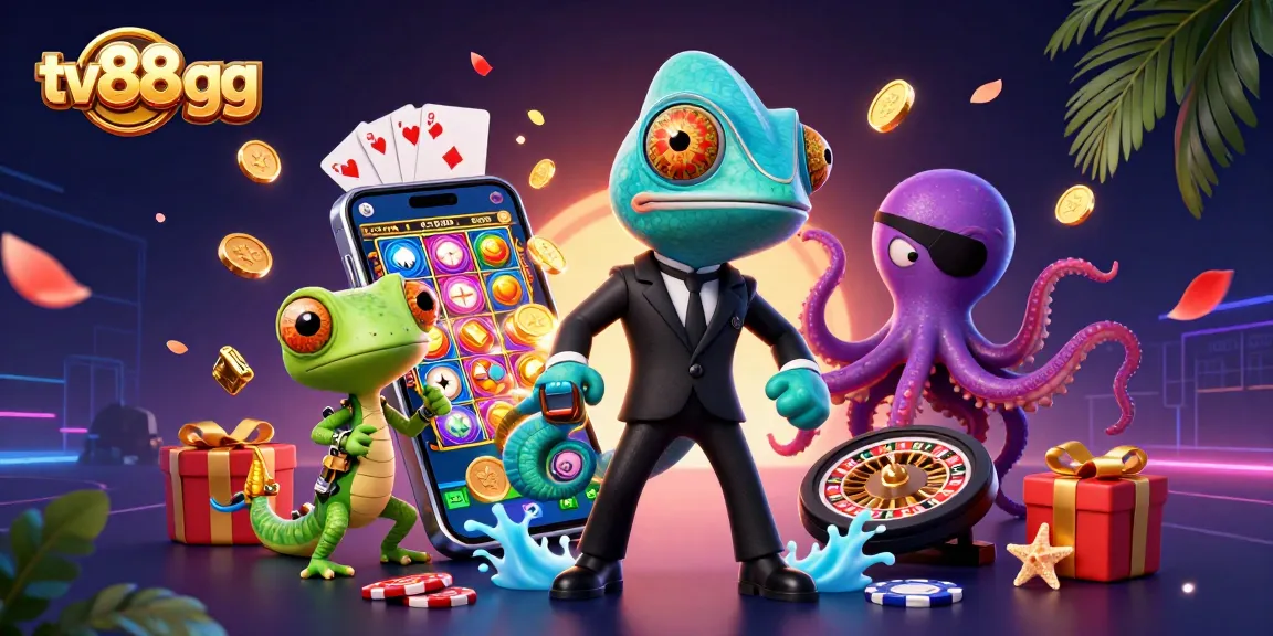 Experience vibrant casino action with the tv88 gg chameleon and gecko gaming duo in a dynamic scene.