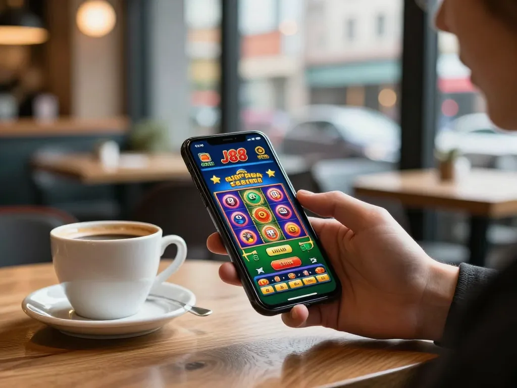 Enthusiastic player engaging with the J88 casino app on a smartphone while sipping coffee.