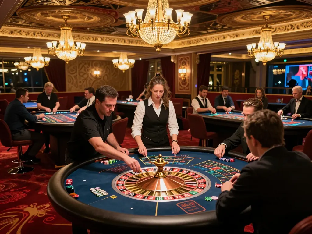 Players placing bets at a Nhà cái uy tín roulette table in a vibrant casino atmosphere
