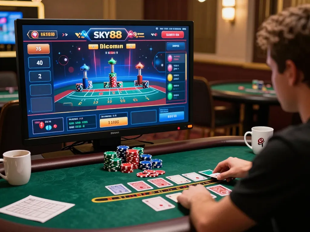 Engaging in a live SKY88 blackjack game at a stylish home gaming setup, showcasing strategy and focus.