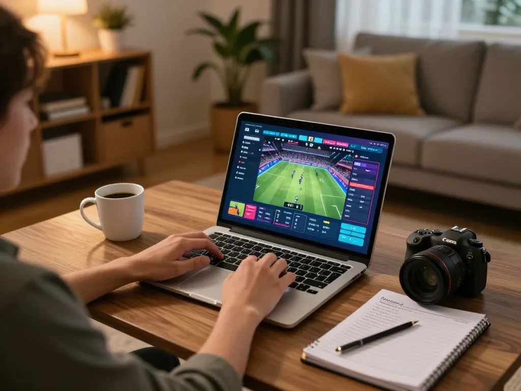 Socolive streaming session with a user analyzing betting strategies on a laptop in a cozy setting