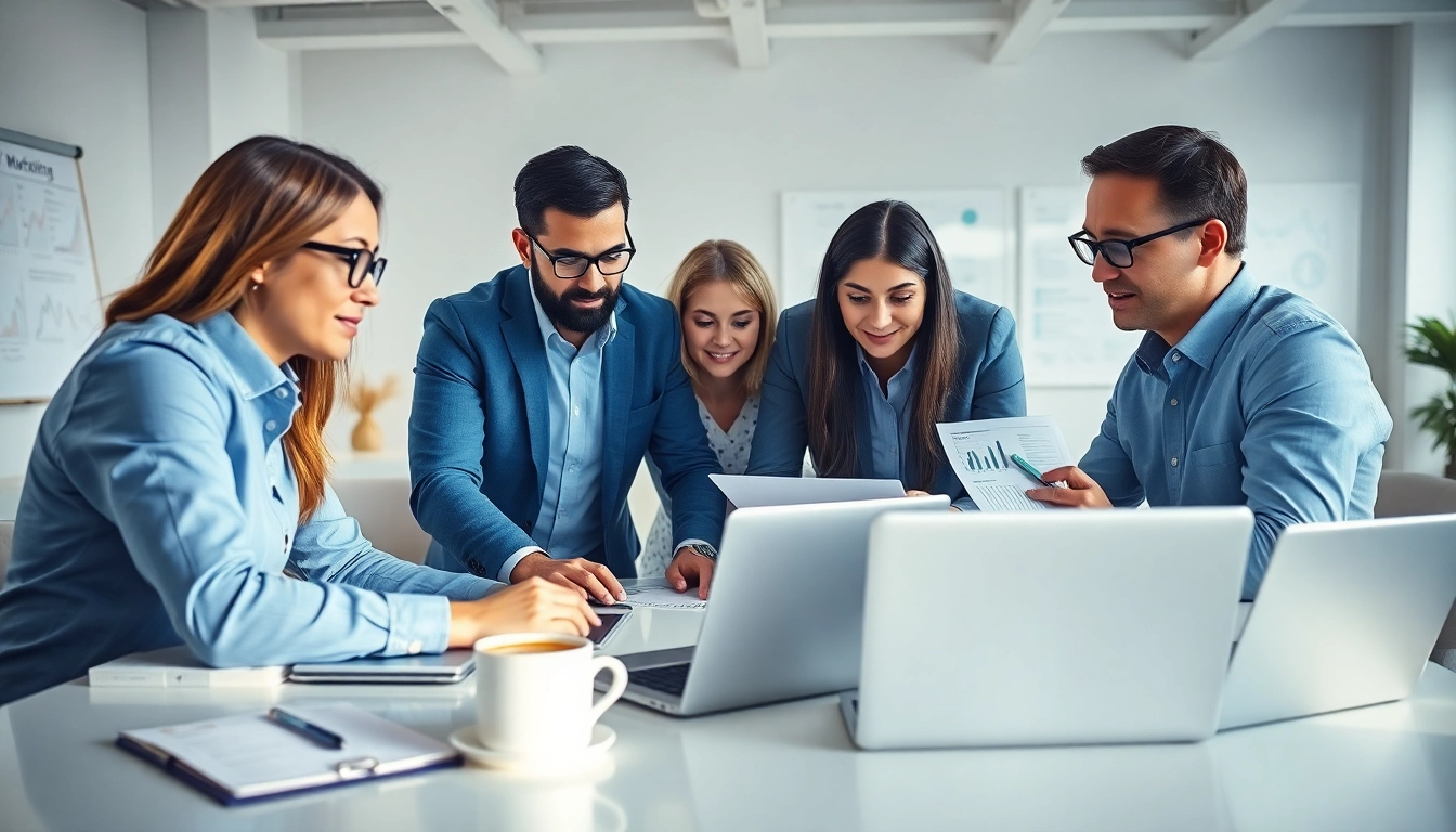 Engaging digital marketing team strategically analyzing data in a collaborative workspace.
