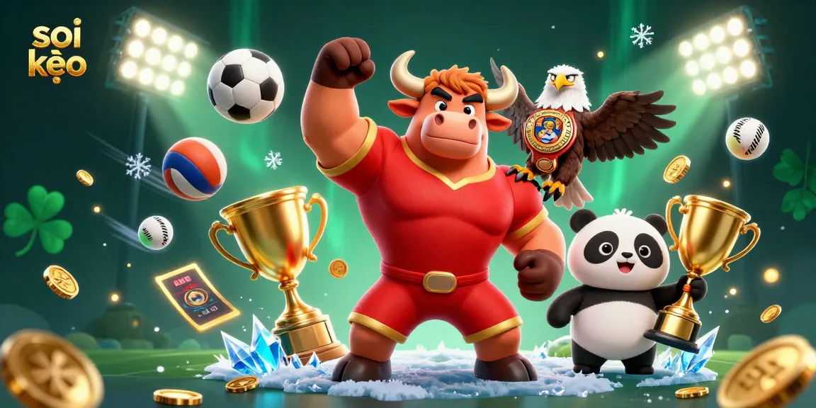 Soi kèo sports betting action featuring a cartoon bull, eagle, and panda amid flying sports balls and dynamic game elements.