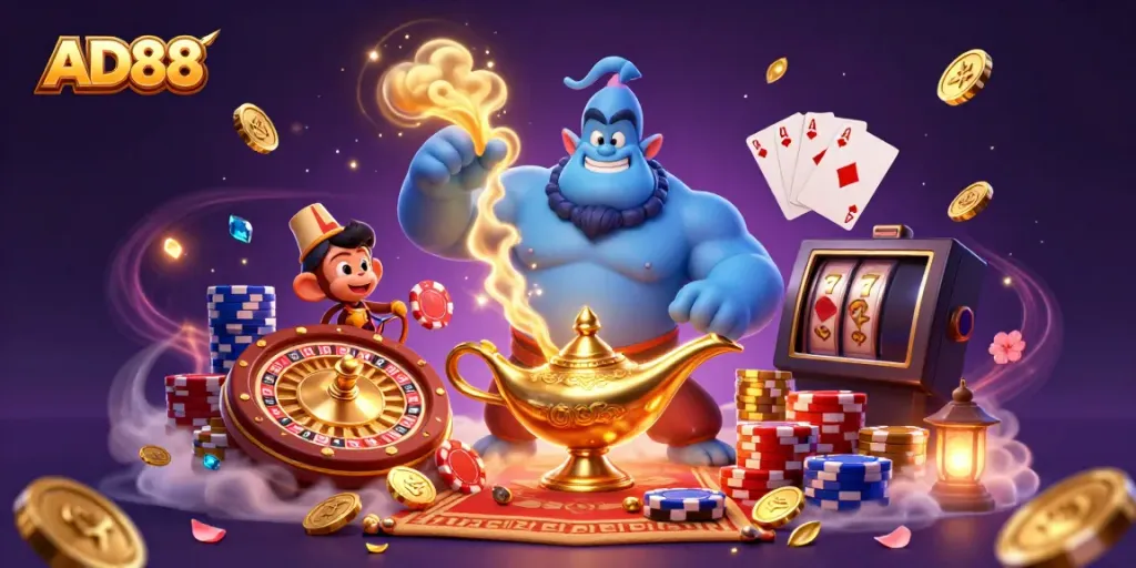 Win big at AD88 with a genie and magical casino elements in a vibrant 3D illustration.
