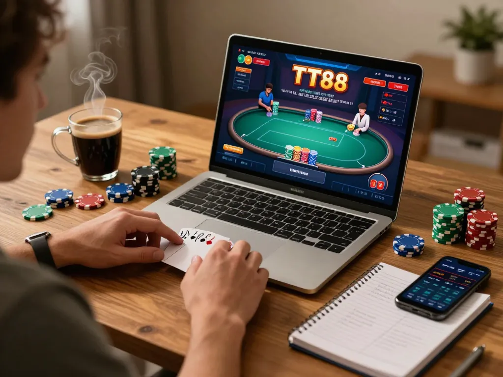 Player enjoying TT88 online poker session with detailed strategy notes and chips on home desk