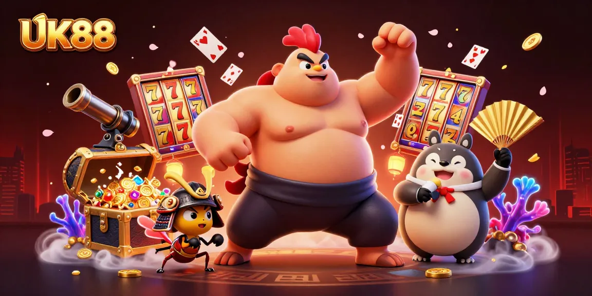 Engage in the thrilling world of UK88 with dynamic characters and energy-filled casino game visuals.