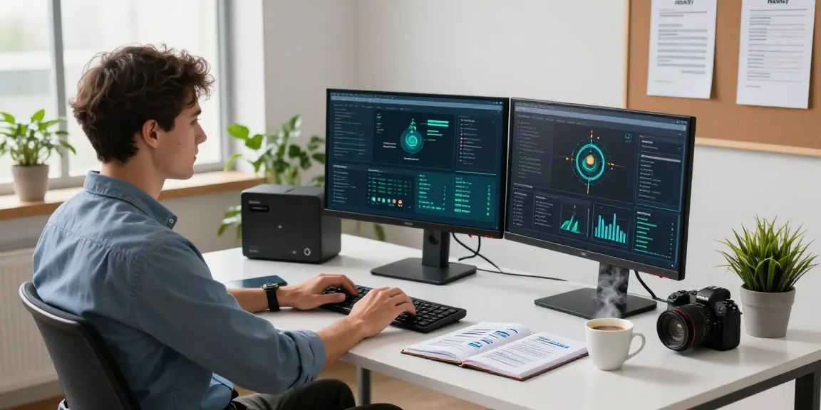Dynamic cybersecurity workspace illustrating IASME Cyber Essentials compliance with IT professional at desk.
