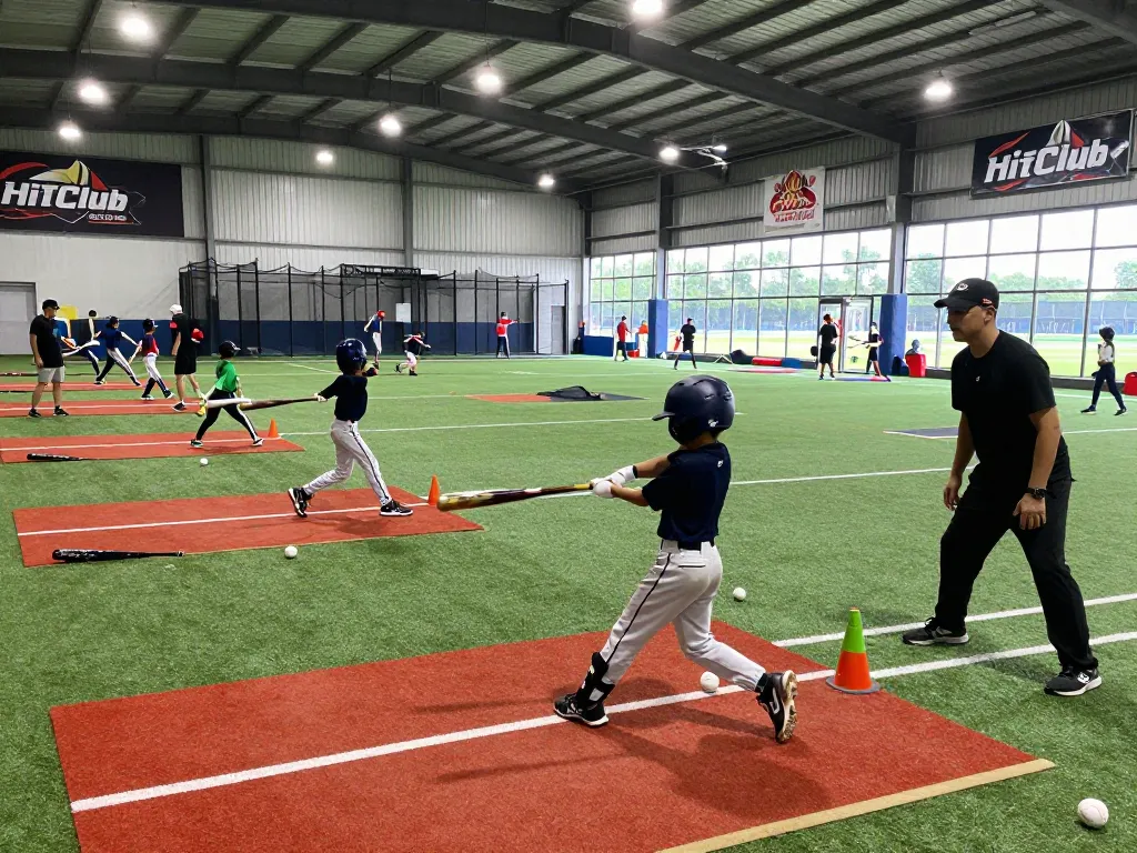 HitClub athletes practicing baseball skills in vibrant training facility with batting cages and coaches.