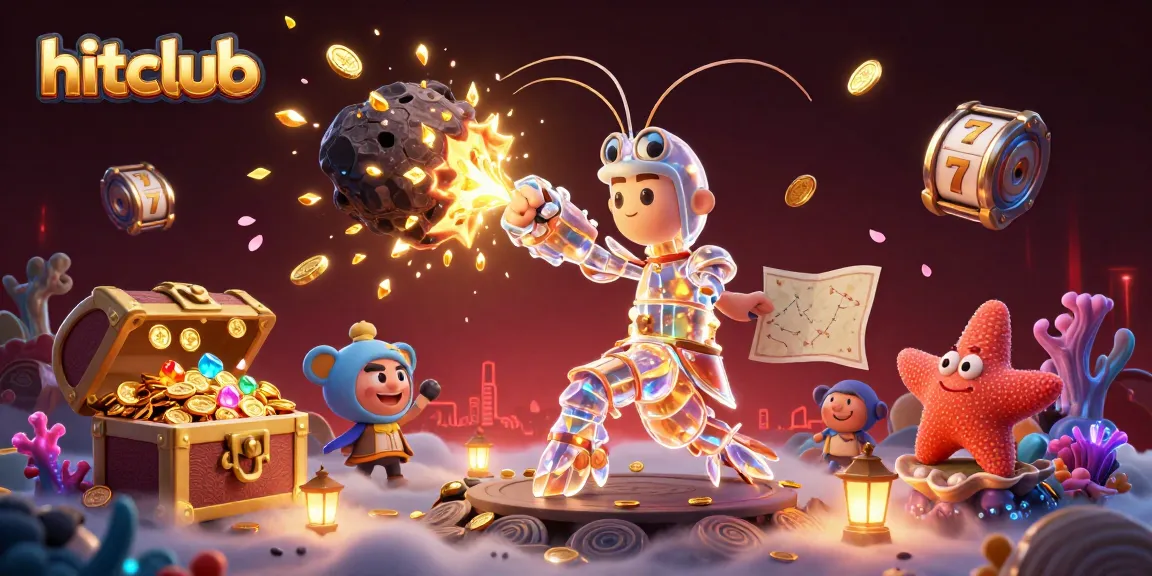 Hitclub showcases a vibrant 3D casino scene featuring a galactic samurai shrimp bursting through an asteroid, enhancing the excitement!