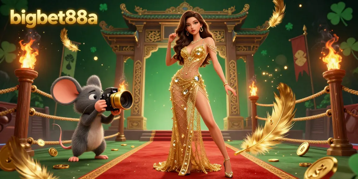 Experience the thrill at bigbet88a with a glamorous illustration featuring golden shimmer, dramatic gaming elements, and a captivating atmosphere.