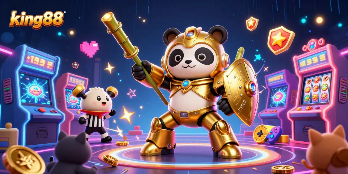 Engage with king88's vibrant casino action featuring arcade games, a golden panda, and interactive elements.