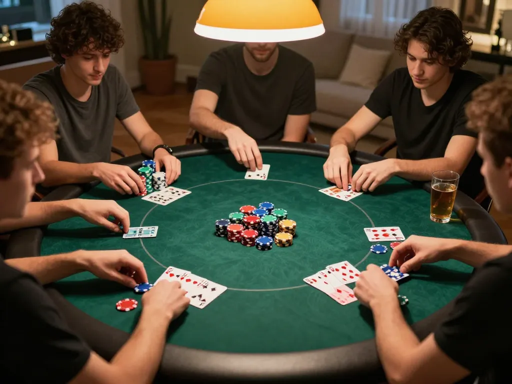 Players enjoying a home poker game at https://gg88.art/, showcasing vibrant chips and cards.