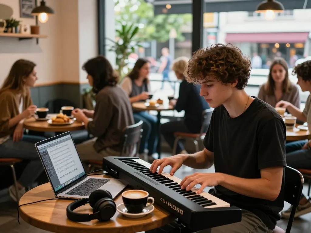 Young musician playing the GO 88 piano in a cozy café with friends