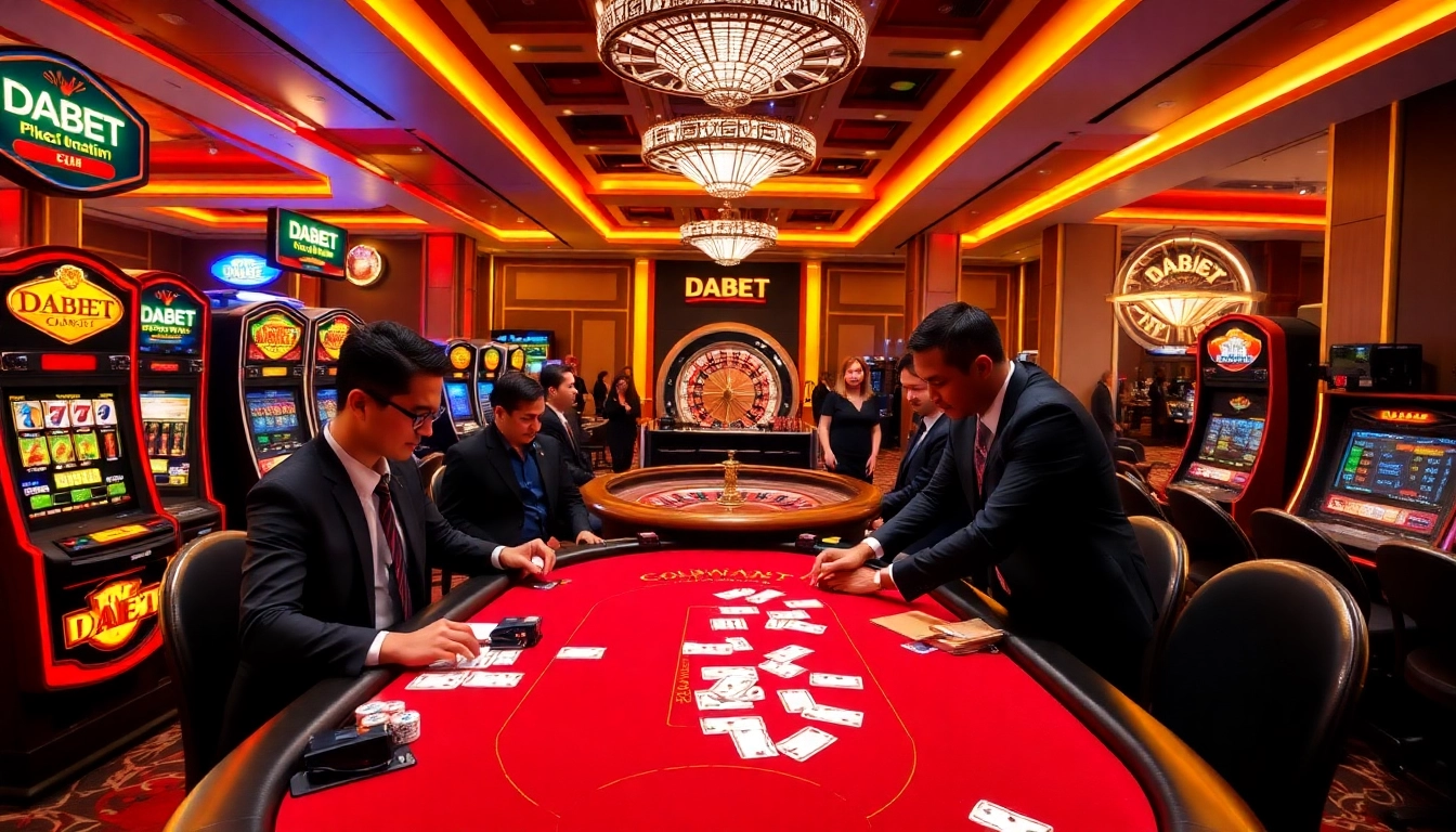 DABET offers an exciting poker experience with vibrant casino elements in a modern setting.