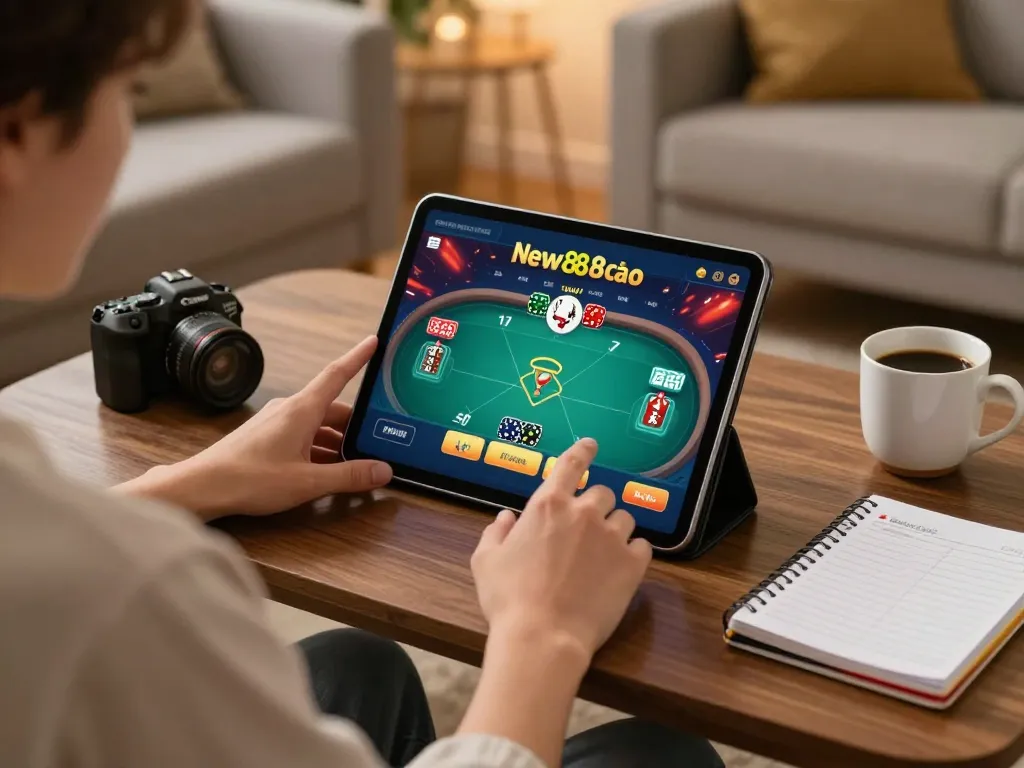 Engaging in online New88 nhà cái poker with strategic betting displayed on tablet screen in a cozy living room.