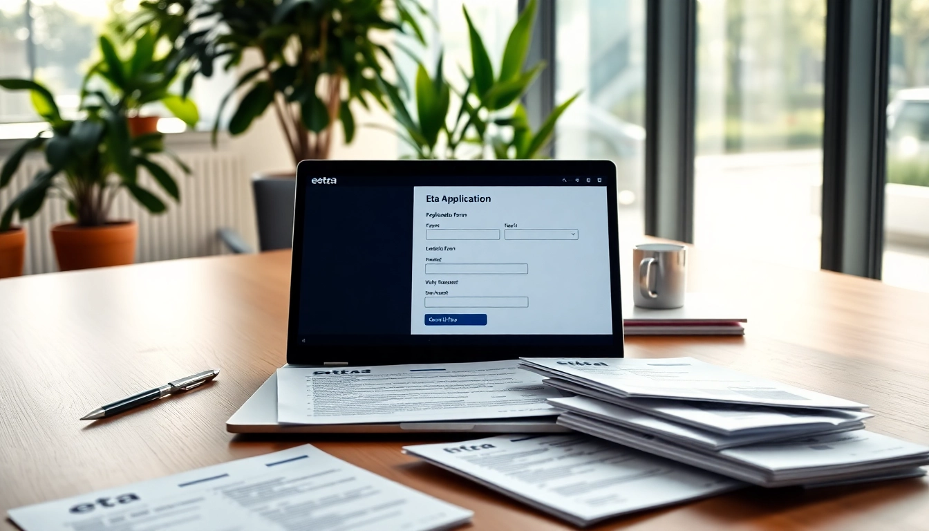 Filling out the eta UK application form on a laptop amidst travel documents for easy access.