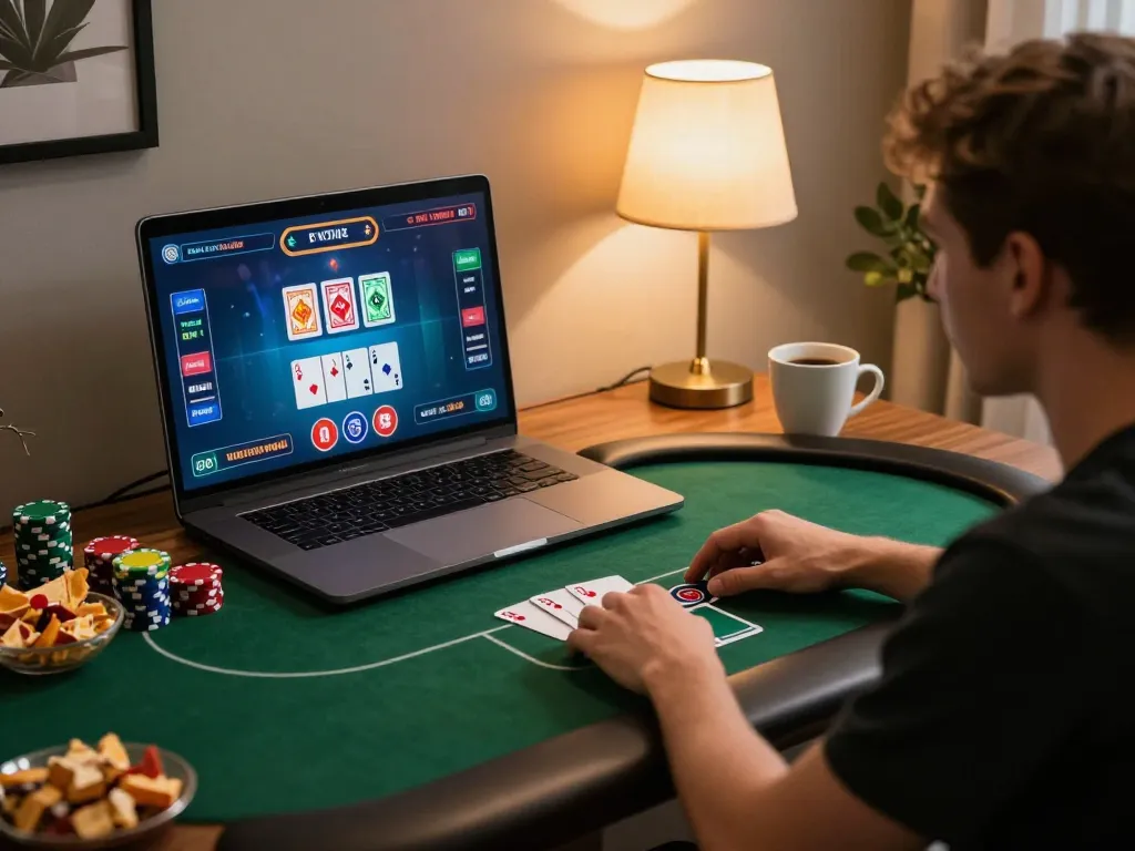 Engaging online poker gameplay at home on https://net88.wtf/, showcasing cards and strategy in a cozy setting.