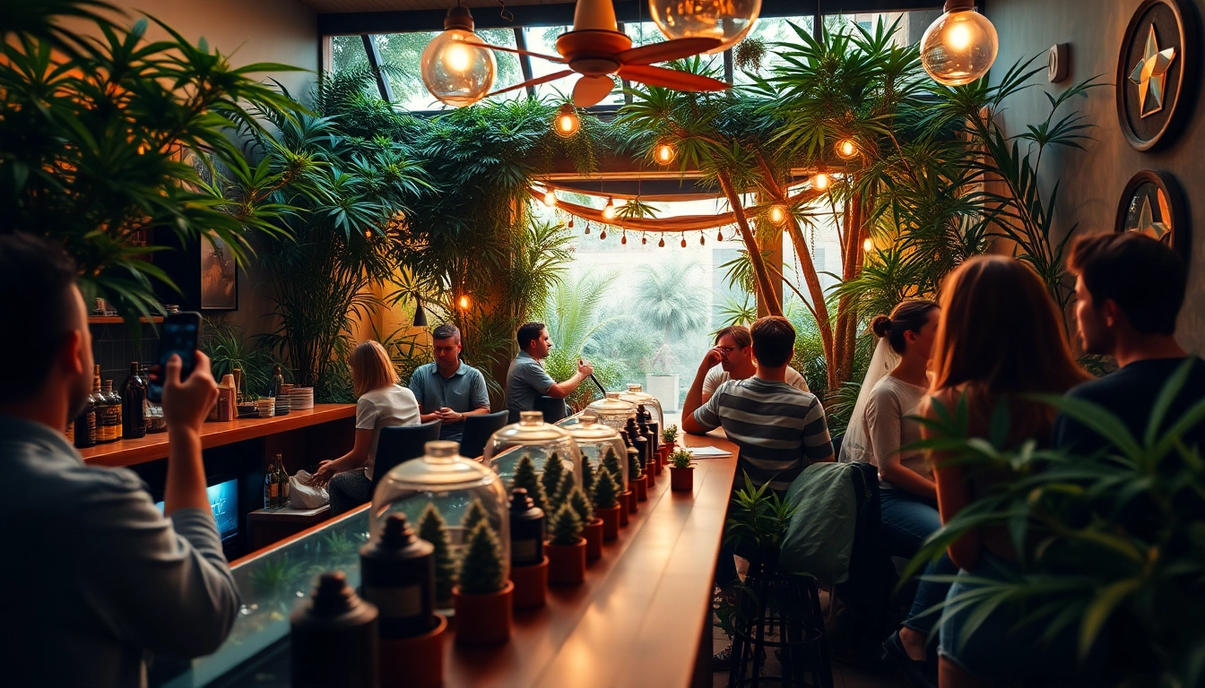 Visitors enjoying the atmosphere at Weed Club Lloret De Mar, surrounded by greenery.