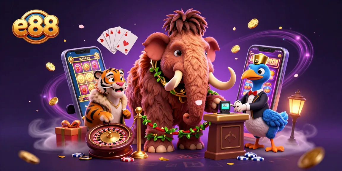 Engage in dynamic e88 gameplay with a vibrant 3D casino scene featuring captivating characters and slot action.