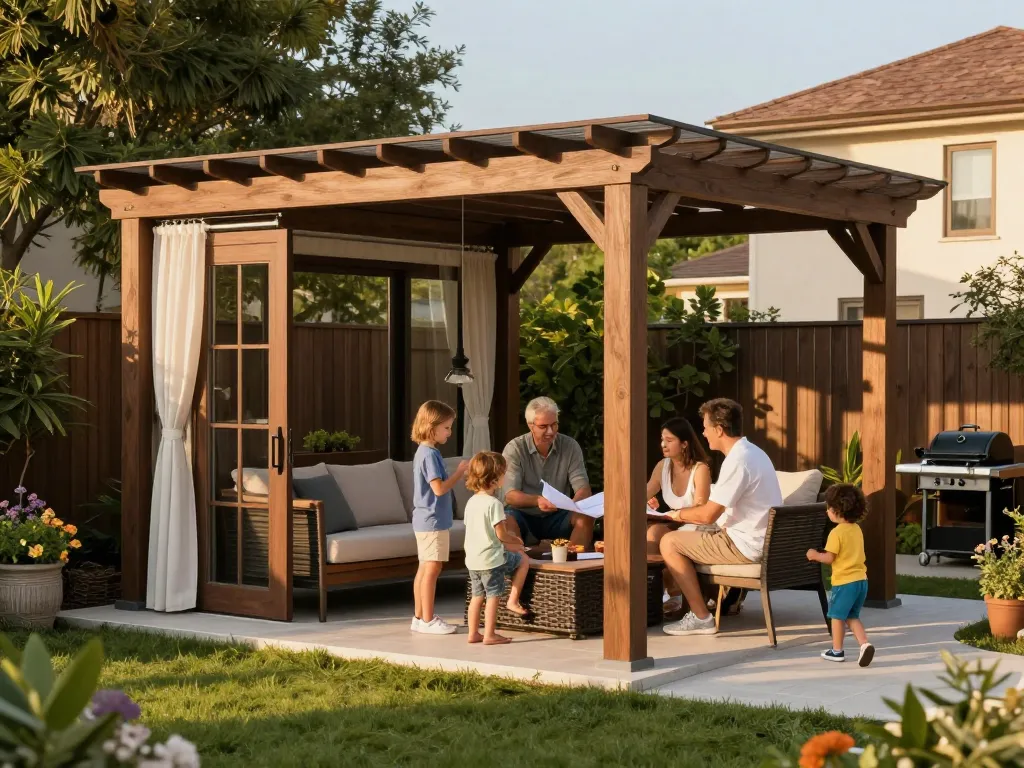 Family enjoying outdoor time under a custom pergola configured with software, showcasing design options.