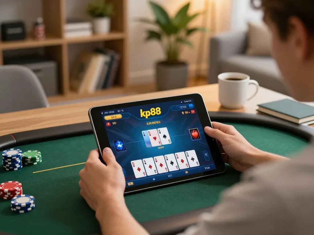 Engaged player on kp88 using tablet for online poker in a cozy living room