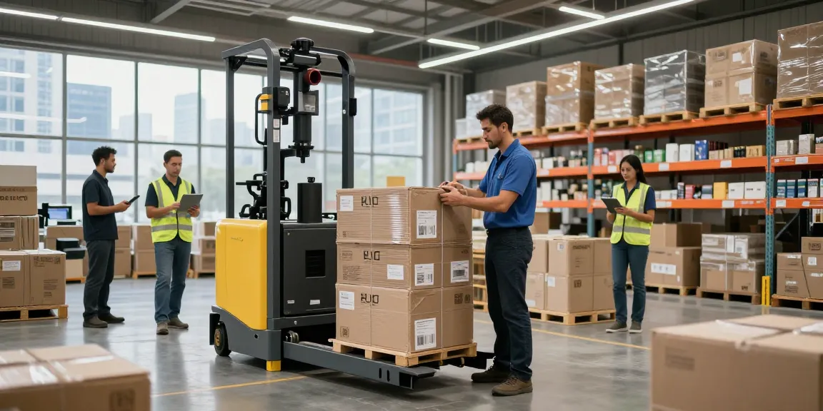 Efficient warehouse scene with electric pallet lift in use for streamlined material handling.