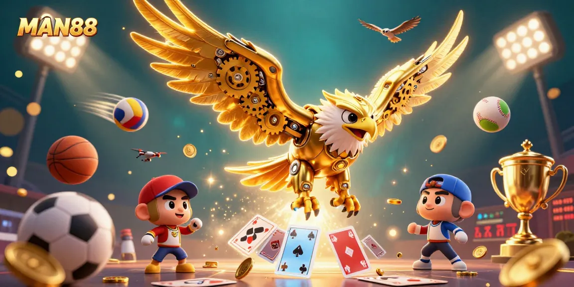 Experience premier betting at MAN88 with vibrant 3D illustration of sports activities, eagles, and cards.