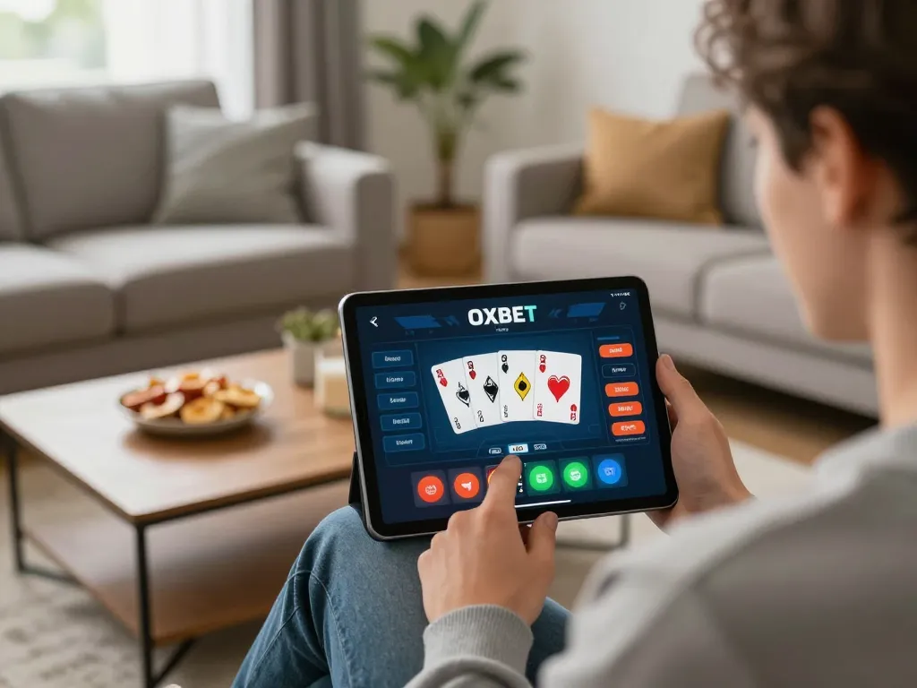 Engaging in online gambling with Oxbet on a tablet in a cozy and comfortable living room.