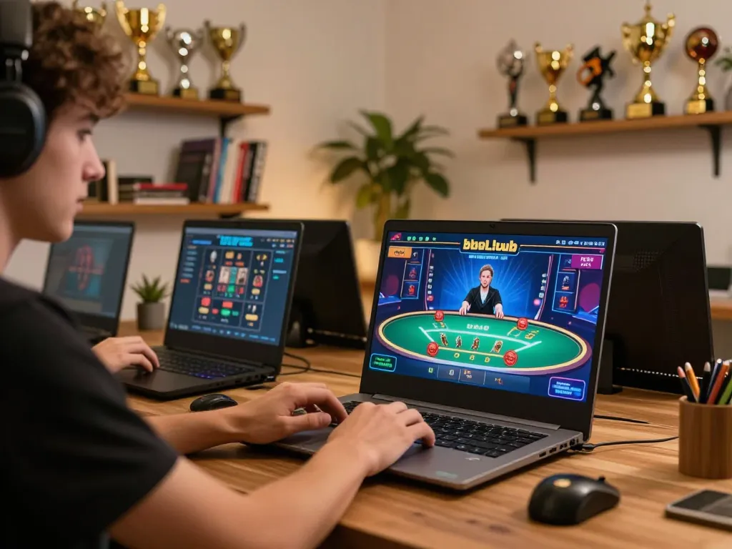 B52club player enjoying a live dealer game from a cozy home setup, emphasizing responsible gaming