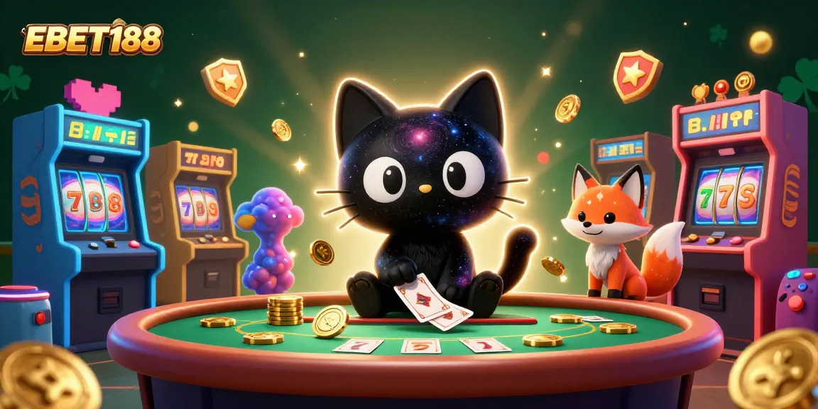 Engage with EBET188 as a captivating 3D illustration featuring a cosmic cat at a casino table.