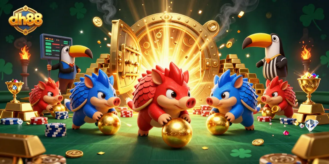 Engage in the thrilling world of dh88 with dynamic pangolins and a toucan referee amidst vibrant casino elements.