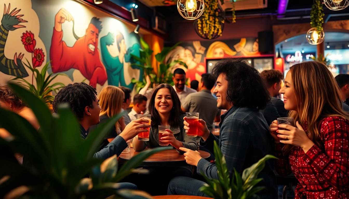 Engaged friends enjoying time at a social club Madrid, filled with vibrant atmosphere.