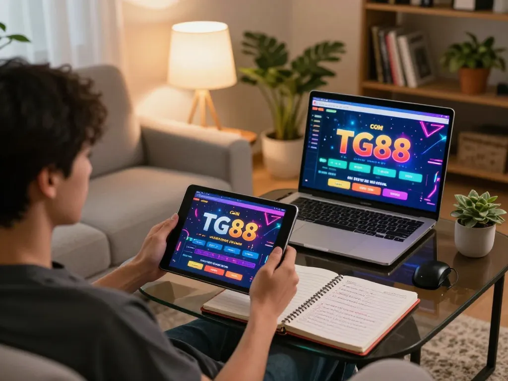 Engaging with TG88 COM casino app on a tablet in a cozy home setting