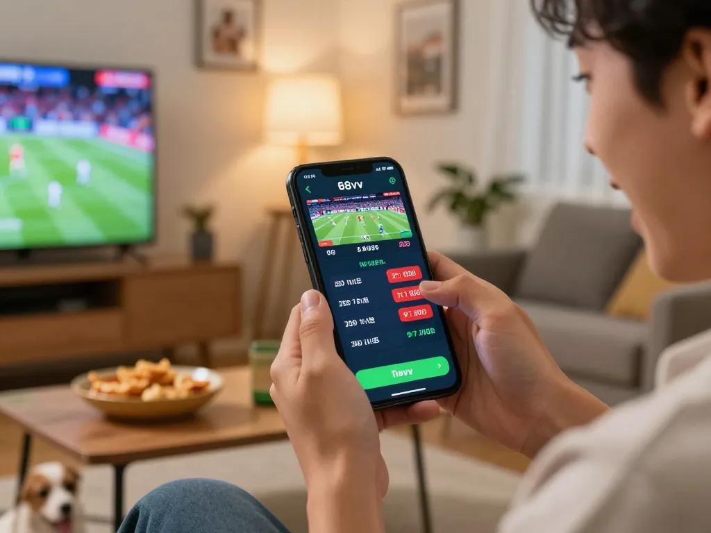 Person using the 88vv mobile app for sports betting, engaged and excited in a cozy living room.