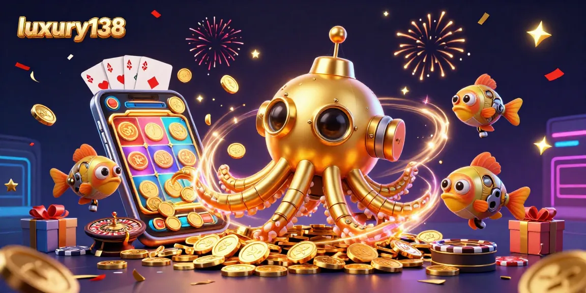Experience winning spins at luxury138 with a vibrant scene of a kraken submarine among slot games and casino elements.