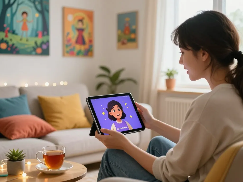 Sexting AI conversation on a tablet in a cozy setting showing playful decor and warm lighting.