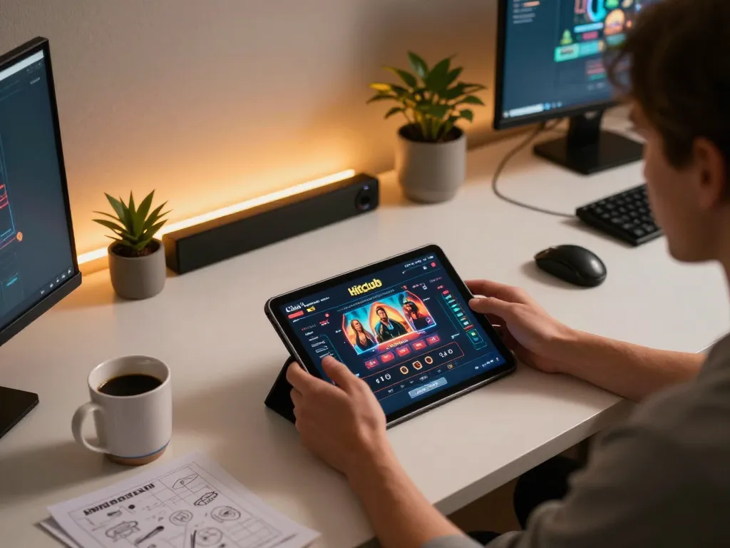 Engaging online casino gaming experience on Hitclub with tablet and strategy notes.