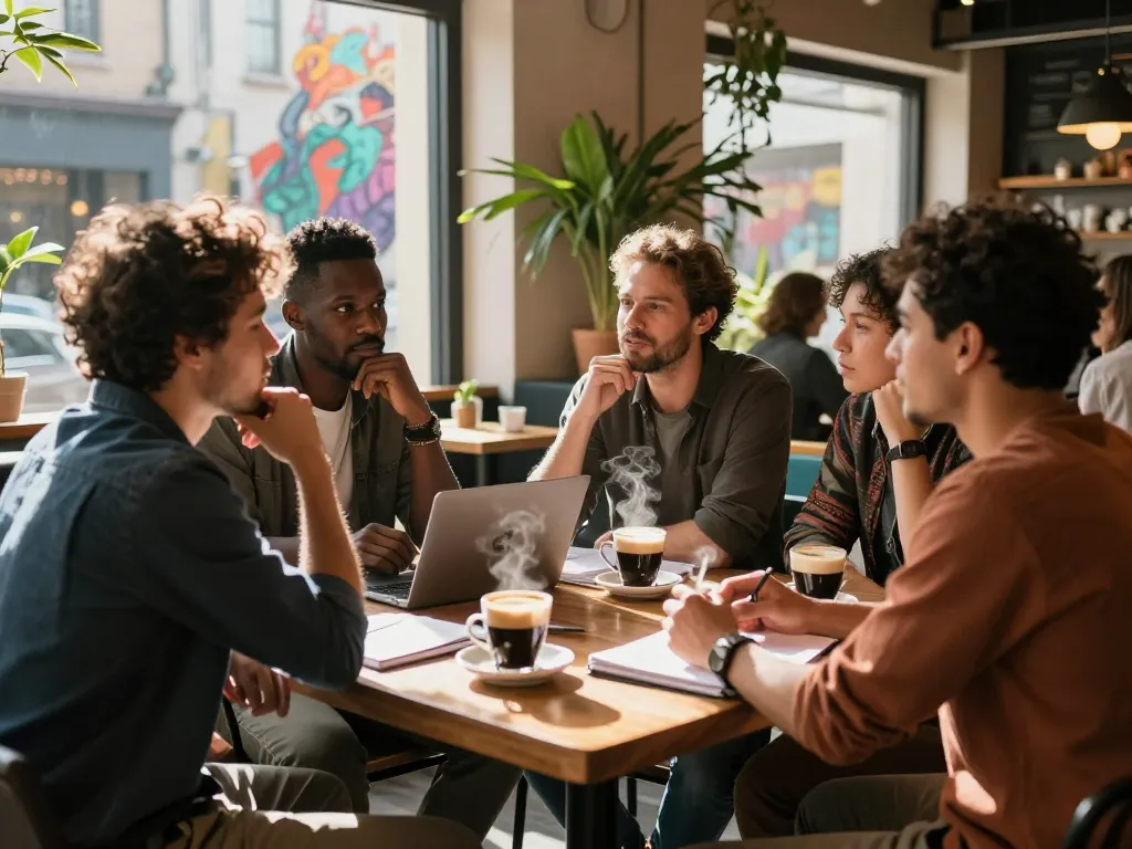 Engaging discussion among men at a man club in a trendy coffee shop setting, fostering community and brotherhood.