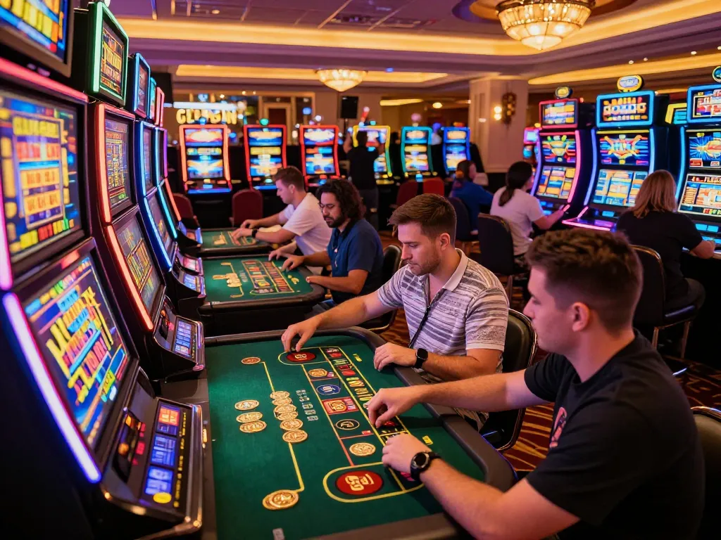 Players enjoying thrilling online casino games at 11BET with vibrant slot machines and lively atmosphere.