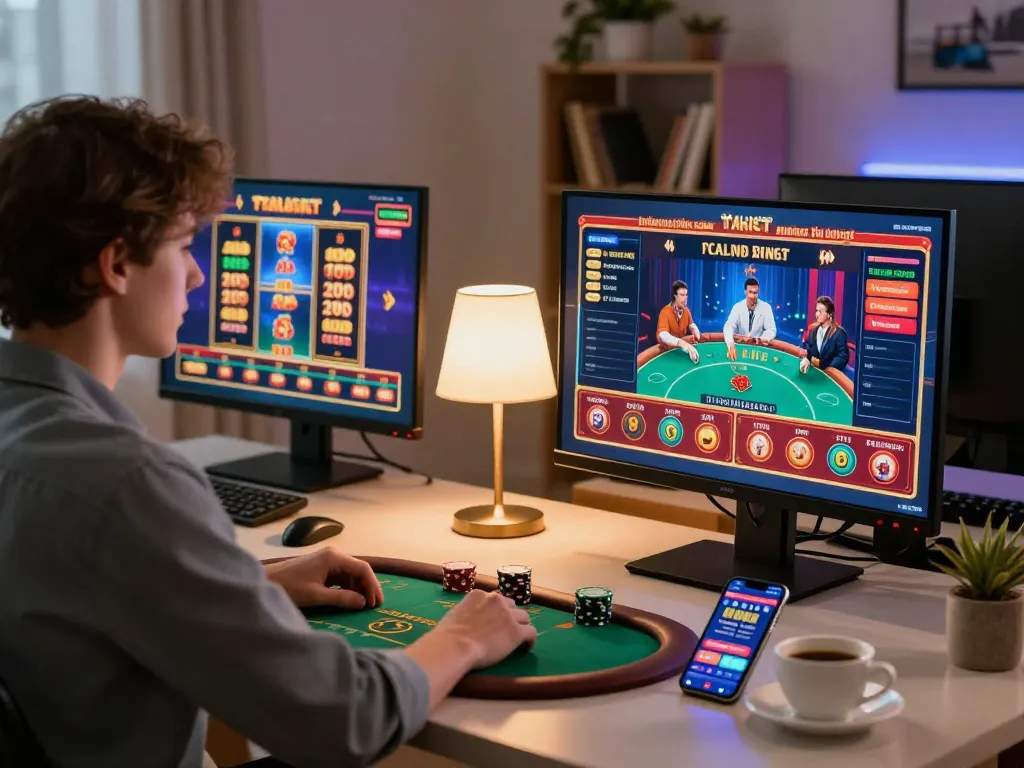 Engage with DEBET on a modern gaming setup showcasing intense online gambling action.
