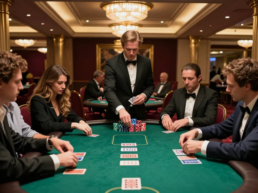 Players engaging in a strategic poker game at mm88 casino, illuminated by elegant chandeliers.