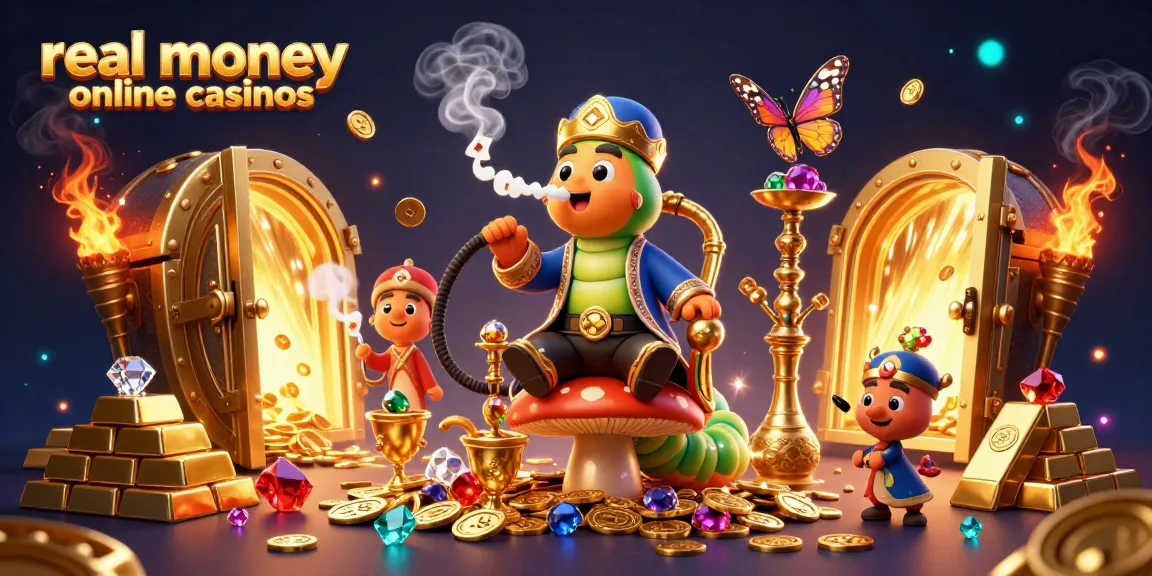 Engage with real money online casinos depicted in a vibrant 3D casino illustration full of gems and gold.
